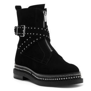 Vince Camuto Blinda Black Suede Moto Chic Chain Rim Platform Lug Sole Bo…